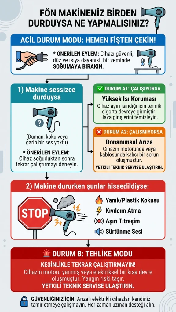 Fön makinesi çalışırken birden durdu arıza tespit şeması ve çözüm infografiği