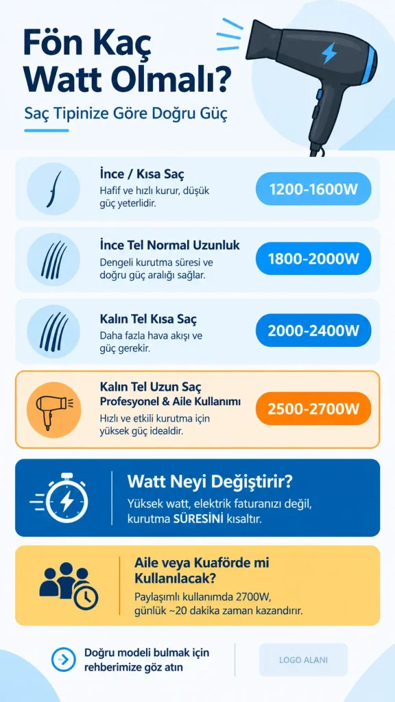 saç kurutma (fön) makinesi kaç watt olmalı infografik