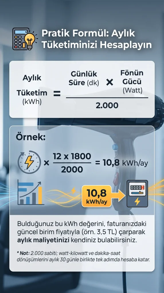 saç kurutma (fön) makinelerinin elektrik tüketimi nasıl hesaplanır? Formül